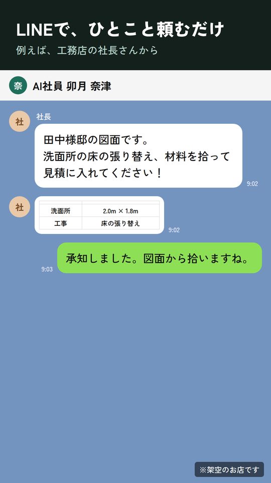 工務店の例:LINEでAI社員に頼む画面(架空)