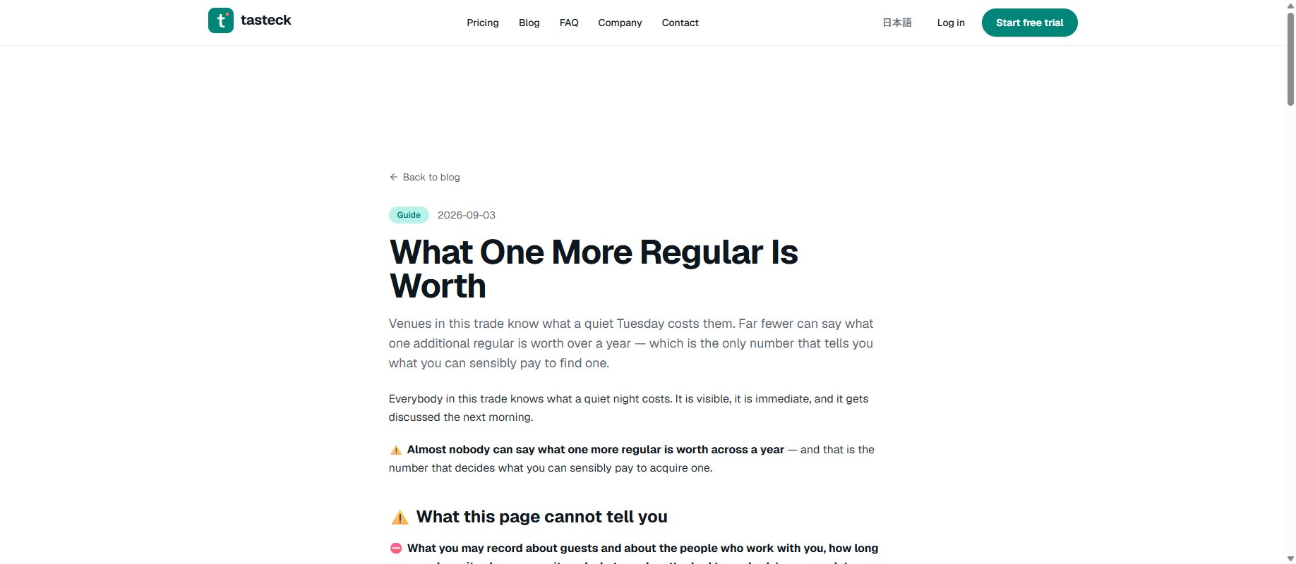 tasteck.tech の英語記事の画面。What one more regular is worth。